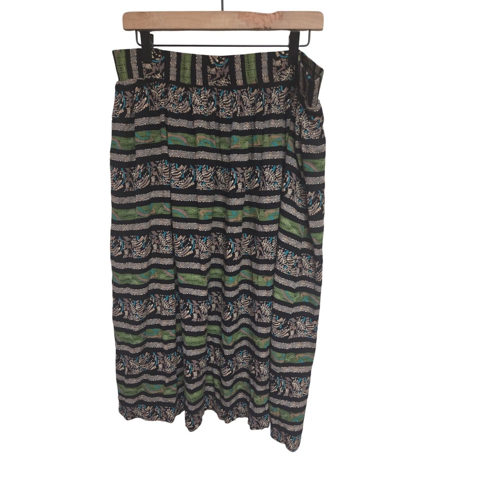 90s Vintage M.K.F. Boho Striped Midi Skirt Black‎ Green Patterned Elastic Waist